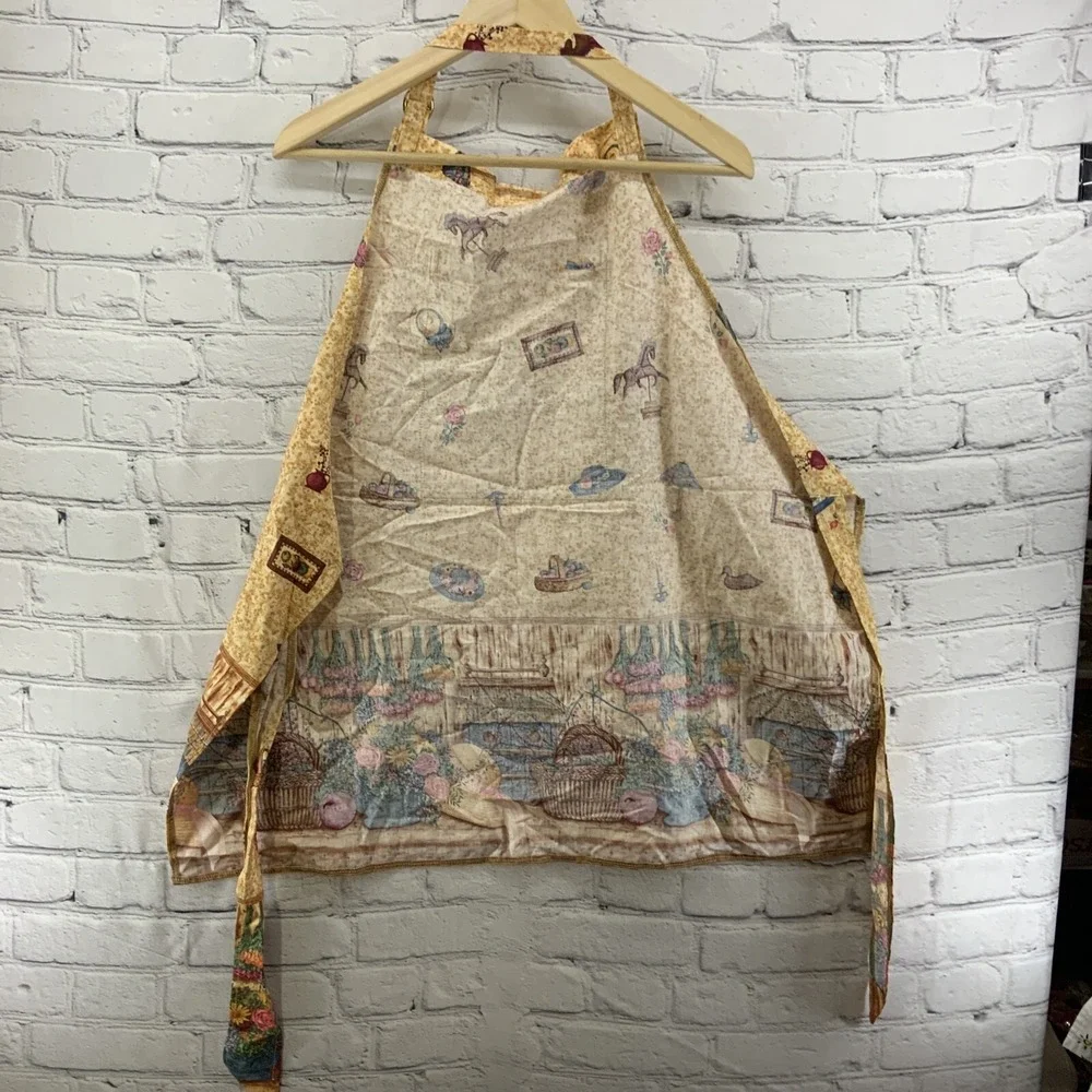 Kitchen Apron Garden Print Cottagecore Beige Flower‎ Baskets Horses